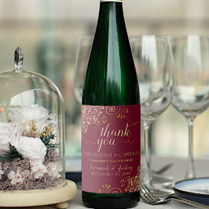 Étiquette Pour Bouteilles De Vin Dentelle d'or sur Maroon Bourgogne Merci Mariage