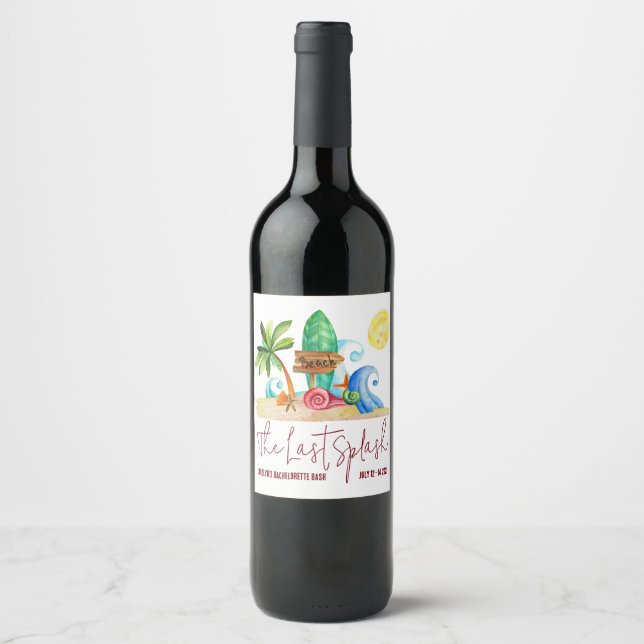 Étiquette Pour Bouteilles De Vin Dernière Splash, Plage, Surf Bachelorette Party (Devant)