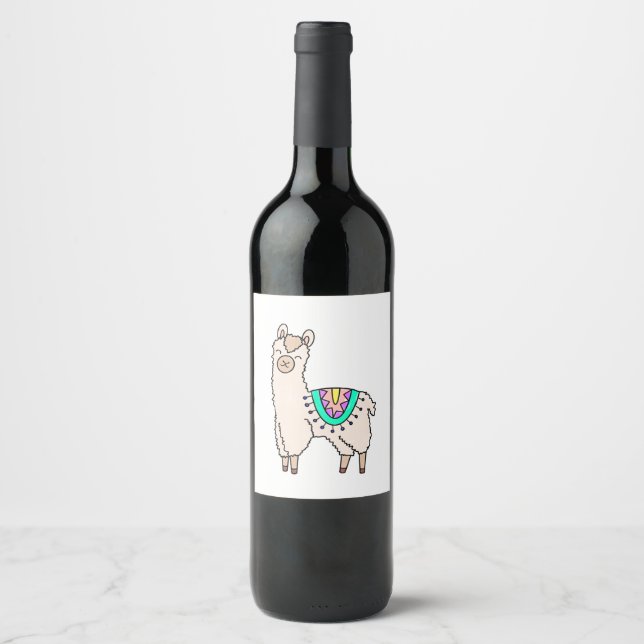 Étiquette Pour Bouteilles De Vin dessin animé de llama alpaga souriant (Devant)
