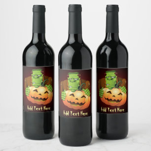 Étiquette Pour Bouteilles De Vin Dessin de Frankenstein Monster avec Citrouille