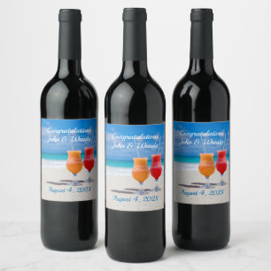 Étiquette Pour Bouteilles De Vin Deux boissons sur la plage Mariage Couples