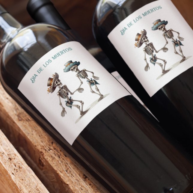 Étiquette Pour Bouteilles De Vin Dia de los Muertos dansant squelettes personnalisa (Créateur téléchargé)