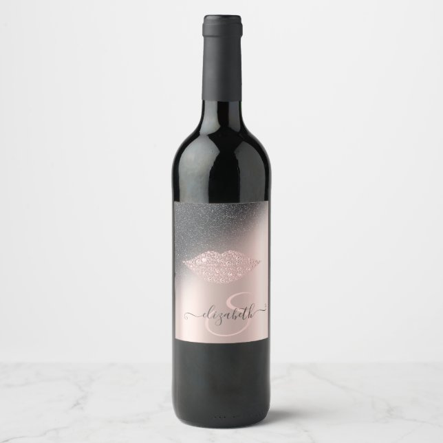 Étiquette Pour Bouteilles De Vin Diamonds Lips Parties scintillant Ombre Rose Gold (Devant)