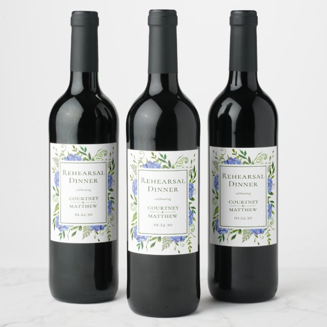 Étiquette Pour Bouteilles De Vin Dîner de répétition Blue Hydrangea (Bouteilles)