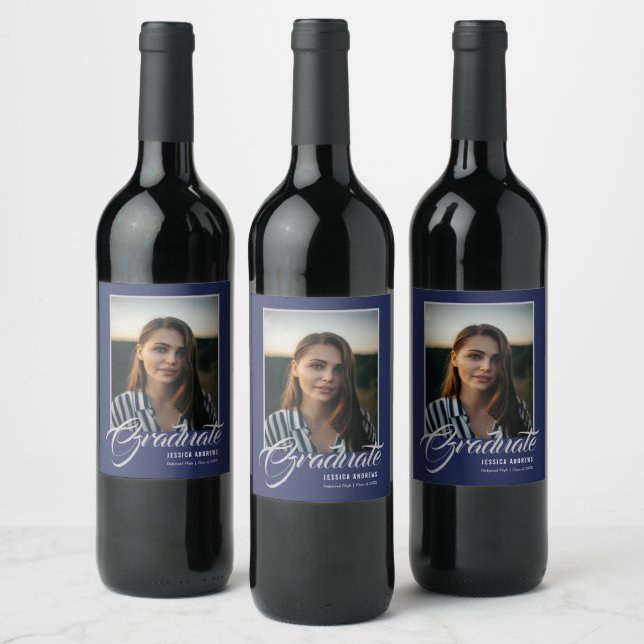 Étiquette Pour Bouteilles De Vin Diplômé Moderne Editable Photo Bleu | Graduation (Bouteilles)