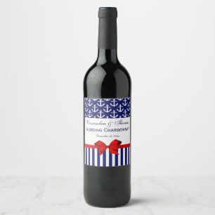 Étiquette Pour Bouteilles De Vin DIY Fond de teint Navy Blanc Ancre Rayure #2 Nœud