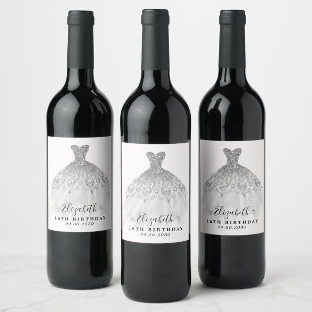 Étiquette Pour Bouteilles De Vin Douce 16e anniversaire Silver Grey Parties scintil (Bouteilles)