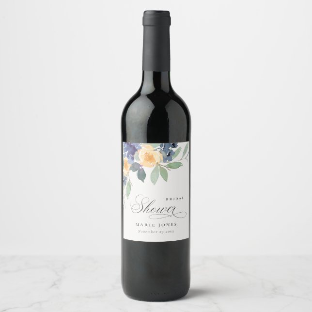 Étiquette Pour Bouteilles De Vin Douce Mariage Champêtre Jaune Bleu Floral (Devant)