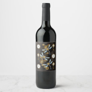 Étiquette Pour Bouteilles De Vin Dragonflies de Steampunk sur arrière - plan rayé