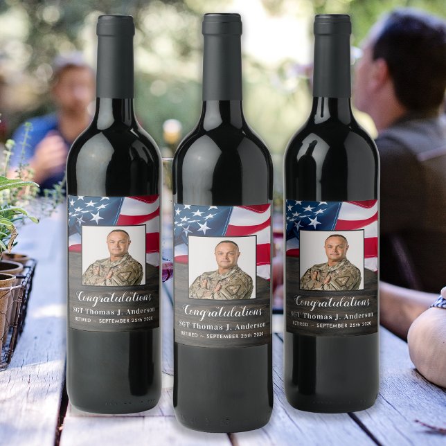 Étiquette Pour Bouteilles De Vin Drapeau américain patriotique retraite militaire (Créateur téléchargé)