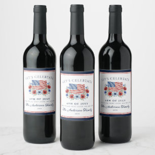 Étiquette Pour Bouteilles De Vin Drapeau floral aquarelle 4 juillet USA patriotique