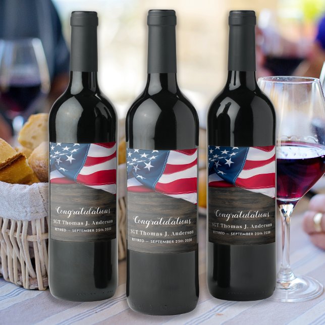 Étiquette Pour Bouteilles De Vin Drapeau militaire américain de la retraite patriot (Créateur téléchargé)