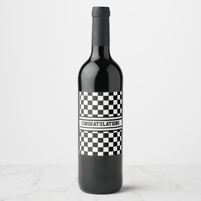 Étiquette Pour Bouteilles De Vin Drapeau noir et blanc À damiers vainqueurs (Devant)