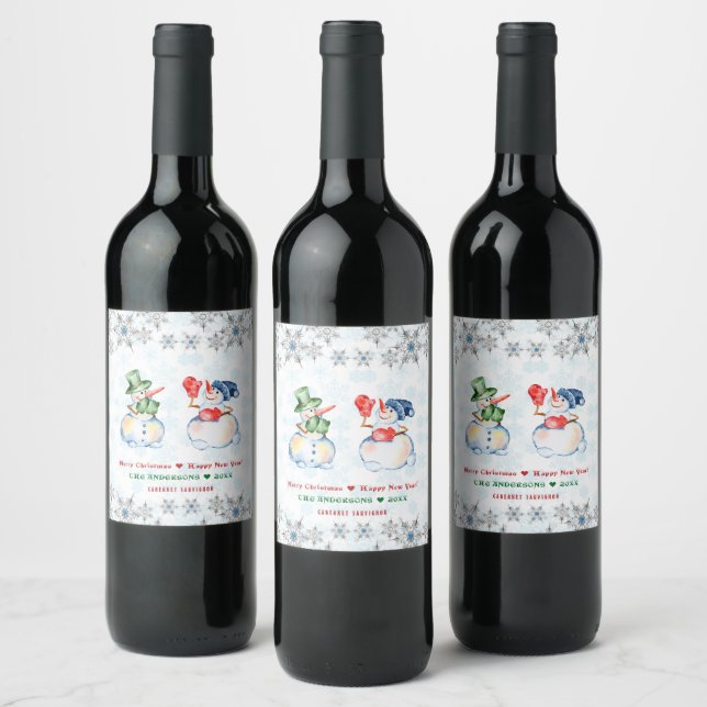Étiquette Pour Bouteilles De Vin Drôle Snowman Joyeux Cristaux de Noël Snowflakes (Bouteilles)