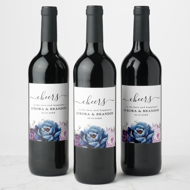 Étiquette Pour Bouteilles De Vin Dusty Blue Purple Navy Lilac Blooms Mariage (Bouteilles)