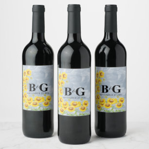 Étiquette Pour Bouteilles De Vin Dusty Blue Watercolor Sunflowers Monogram Mariage