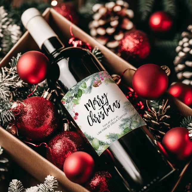 Étiquette Pour Bouteilles De Vin Écriture Joyeux Noël Aquarelle Verdure (Script Merry Christmas Watercolor Greenery Wine Label)