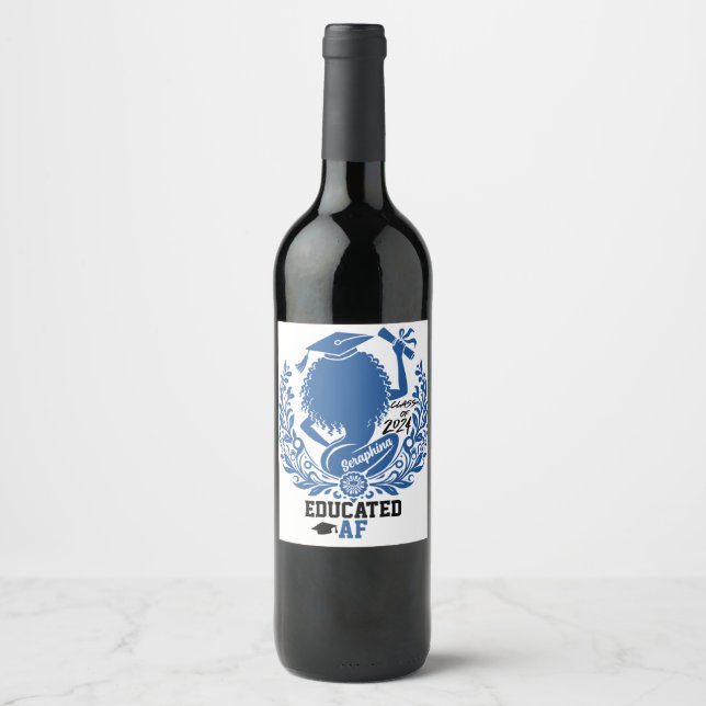 Étiquette Pour Bouteilles De Vin "Educated AF" Twerk Team Blue Graduation Party (Devant)