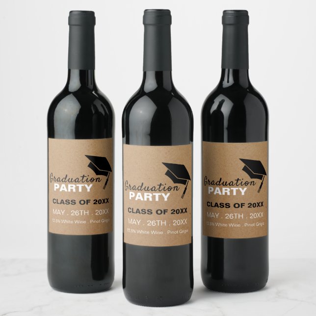 Étiquette Pour Bouteilles De Vin Effet Kraft, Casquette diplômé, Parti de graduatio (Bouteilles)