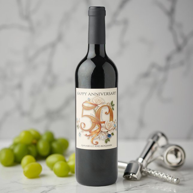 Étiquette Pour Bouteilles De Vin Élégant 50e anniversaire de Mariage Gold & White (Créateur téléchargé)