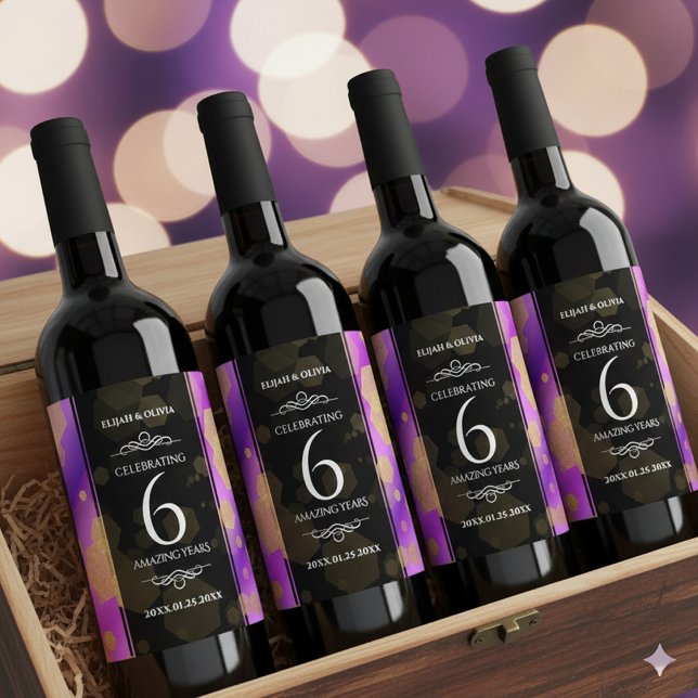 Étiquette Pour Bouteilles De Vin Élégant 6ème anniversaire de Mariage d'Améthyste (6th Amethyst Wedding Anniversary Wine/Liquor Drink Label Cover Photo 1)