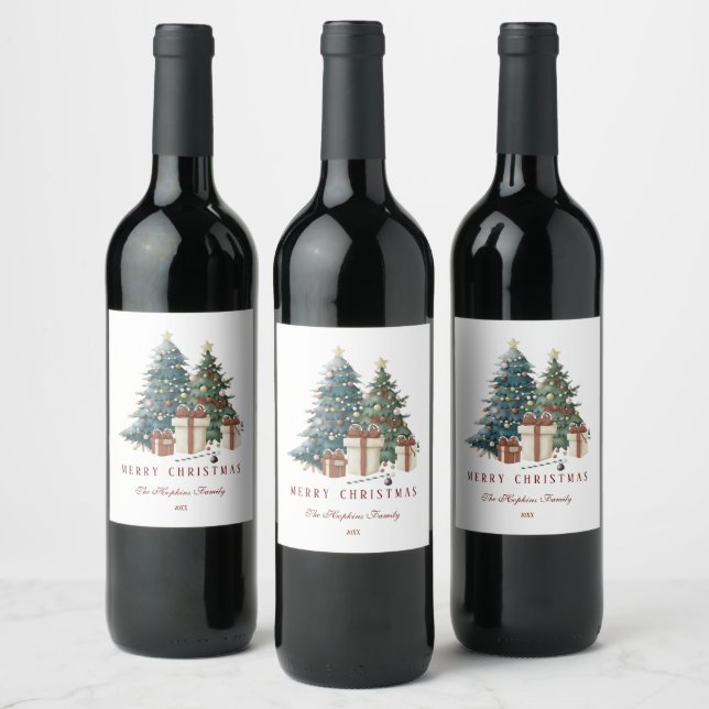 Étiquette Pour Bouteilles De Vin Elégant Aquarelle Arbre de Noël (Bouteilles)