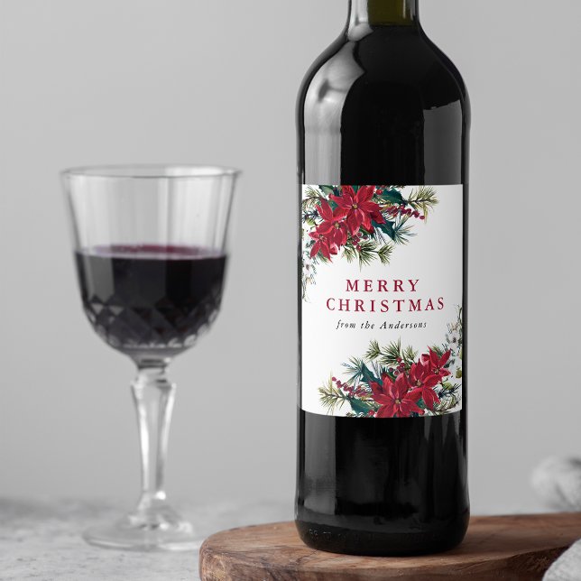 Étiquette Pour Bouteilles De Vin Elégant aquarelle Poinsettia Noël (Créateur téléchargé)