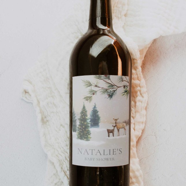 Étiquette Pour Bouteilles De Vin Élégant Baby shower forestier hivernal (Elegant Winter Woodland Baby Shower Wine Labels)
