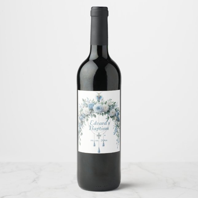 Étiquette Pour Bouteilles De Vin Élégant Baptême de Croix Florale Bleue (Devant)
