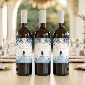 Étiquette Pour Bouteilles De Vin Élégant Bébé Bleu Or Quinceañera Princesse Nœud