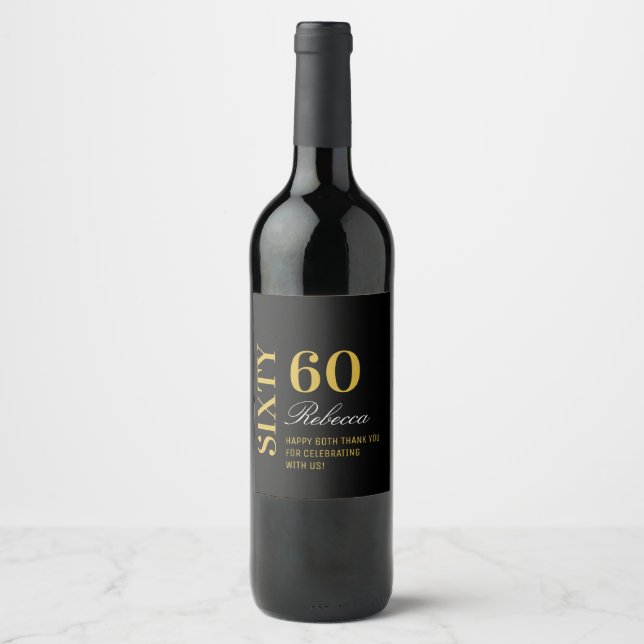 Étiquette Pour Bouteilles De Vin Élégant Black & Gold 60 Anniversaire Cocktail Part (Devant)