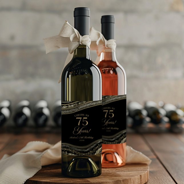 Étiquette Pour Bouteilles De Vin Elegant Black Gold Agate 75th Birthday Party (Créateur téléchargé)