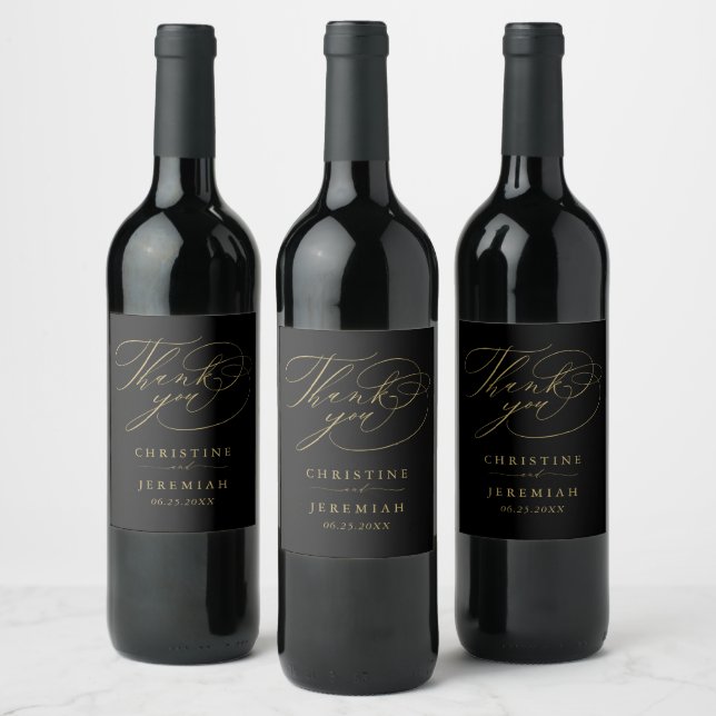 Étiquette Pour Bouteilles De Vin Élégant Black Gold Script Noms Mariage Merci (Bouteilles)