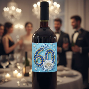 Étiquette Pour Bouteilles De Vin Elégant bleu brillant et bijoux de perles 60e anni
