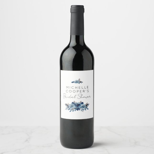 Étiquette Pour Bouteilles De Vin Elégant bleu Dusty et floral marine (Devant)