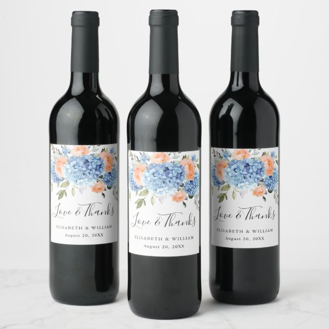 Étiquette Pour Bouteilles De Vin Élégant bleu Hydrangea rose Rose Mariage (Bouteilles)