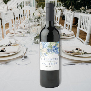Étiquette Pour Bouteilles De Vin Elégant bleu Hydrangea Roses blanches Mariage flor