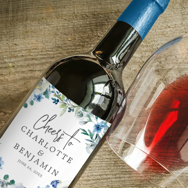 Étiquette Pour Bouteilles De Vin Elégant bleu Peony Floral Mariage Personnalisé (Créateur téléchargé)