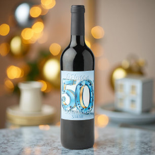 Étiquette Pour Bouteilles De Vin Elégant Blue and Gold Gemstone 50e anniversaire