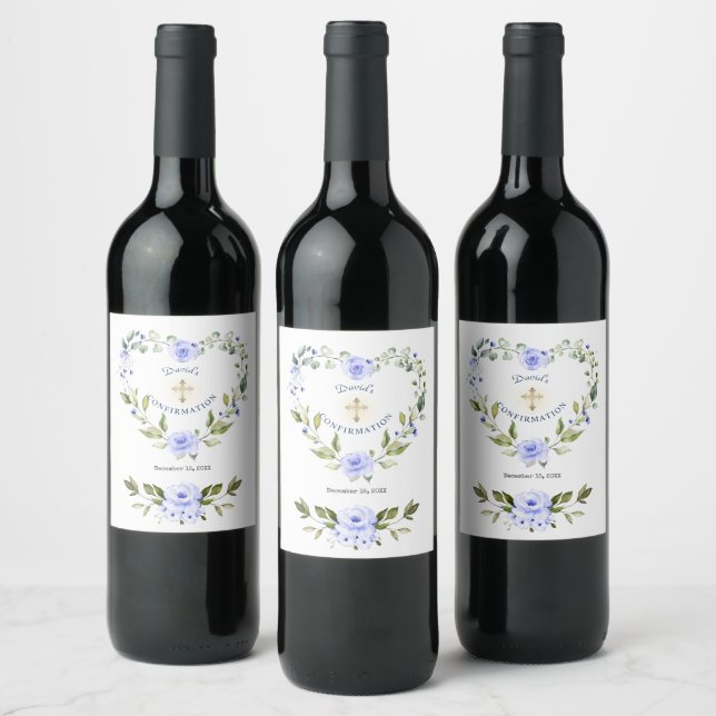 Étiquette Pour Bouteilles De Vin Élégant Blue Floral Wreath garçon confirmation (Bouteilles)