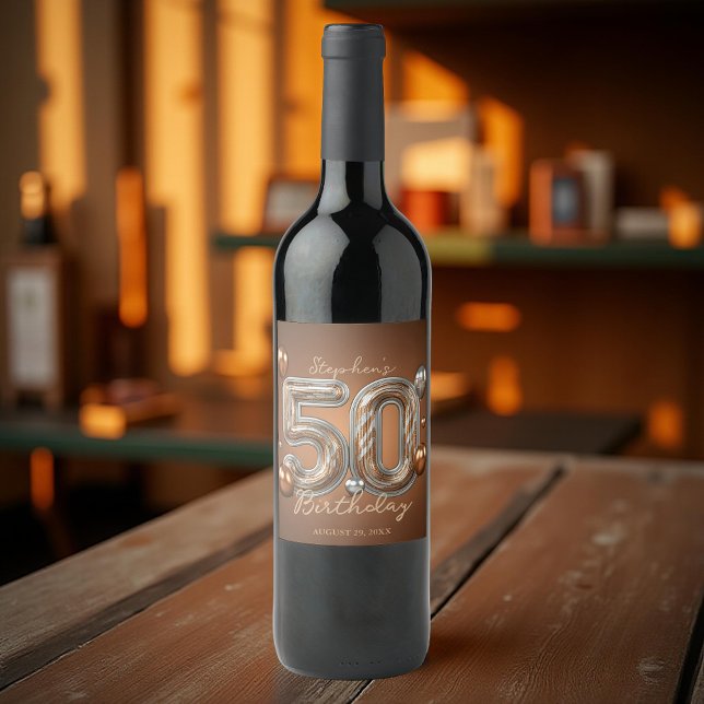 Étiquette Pour Bouteilles De Vin Elégant bronze et ballons d'argent 50e anniversair (Créateur téléchargé)