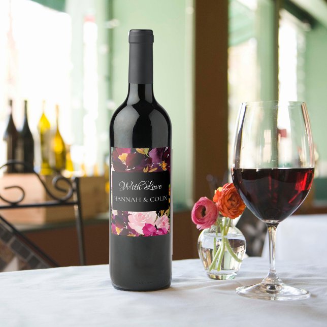 Étiquette Pour Bouteilles De Vin Elégant cadre floral rose bordeaux noir (Créateur téléchargé)