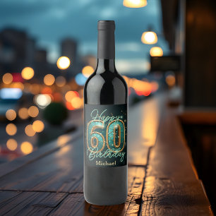 Étiquette Pour Bouteilles De Vin Élégant Chic Turquoise et métal or 60e anniversair