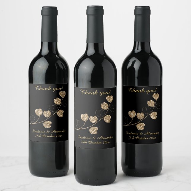 ÉTIQUETTE POUR BOUTEILLES DE VIN ÉLÉGANT COEUR OR EUCALYPTUS NOIR PERSONNALISABLE (Bouteilles)