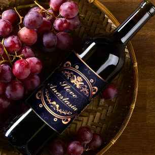 Étiquette Pour Bouteilles De Vin Élégant Demask Or Monogramme Royal Blue