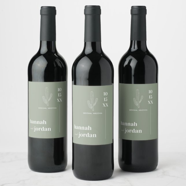 Étiquette Pour Bouteilles De Vin Élégant désert | Cactus Green Mariage personnalisé (Bouteilles)
