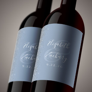 Étiquette Pour Bouteilles De Vin Elégant Dusty Blue Silver Parties scintillant Mari
