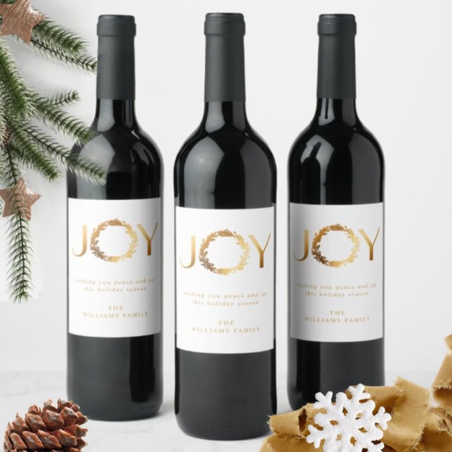 Étiquette Pour Bouteilles De Vin Elégant et simple "JOY" Gold Foil Holiday (Créateur téléchargé)