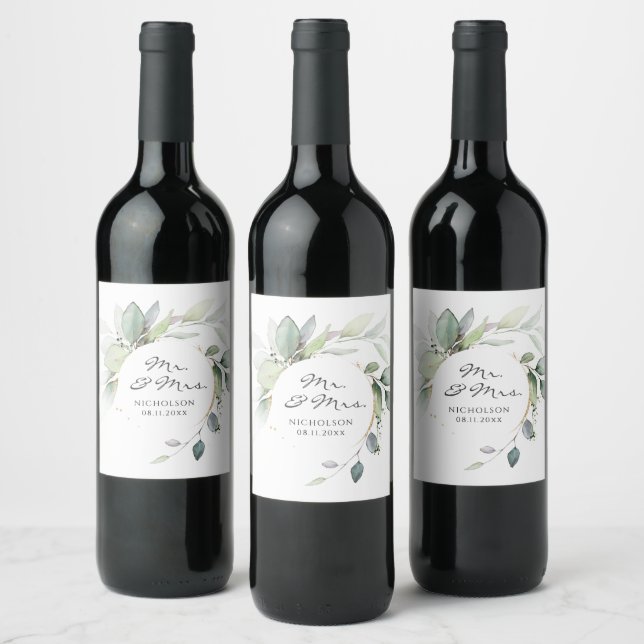 Étiquette Pour Bouteilles De Vin Elégant Eucalyptus Verdure Or M. & Mme (Bouteilles)
