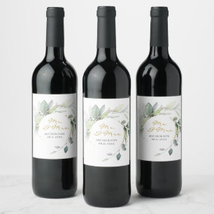 Étiquette Pour Bouteilles De Vin Elégant Eucalyptus Verdure Or M. & Mme Wine
